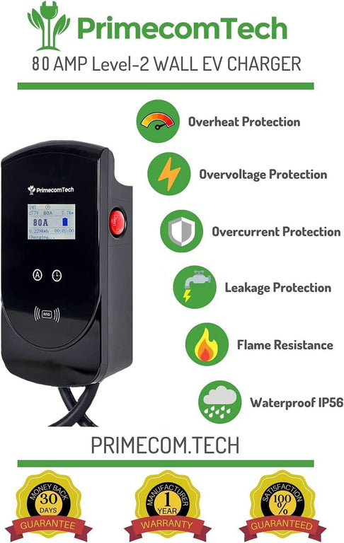 Level 2 EV Charger 80 Amp - 277/480 Volt AC 2/3 Phase J1772 - 50 Feet Cord Lengths