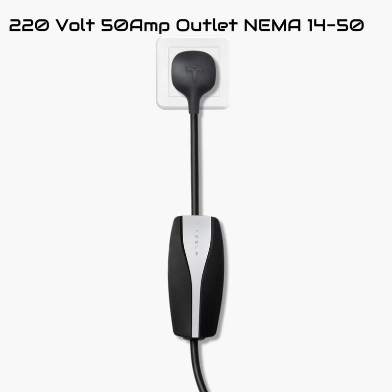 Tesla Gen 2 charger Universal Mobile Connector UMC charging with 220-Volt and 110-Volt adapters.