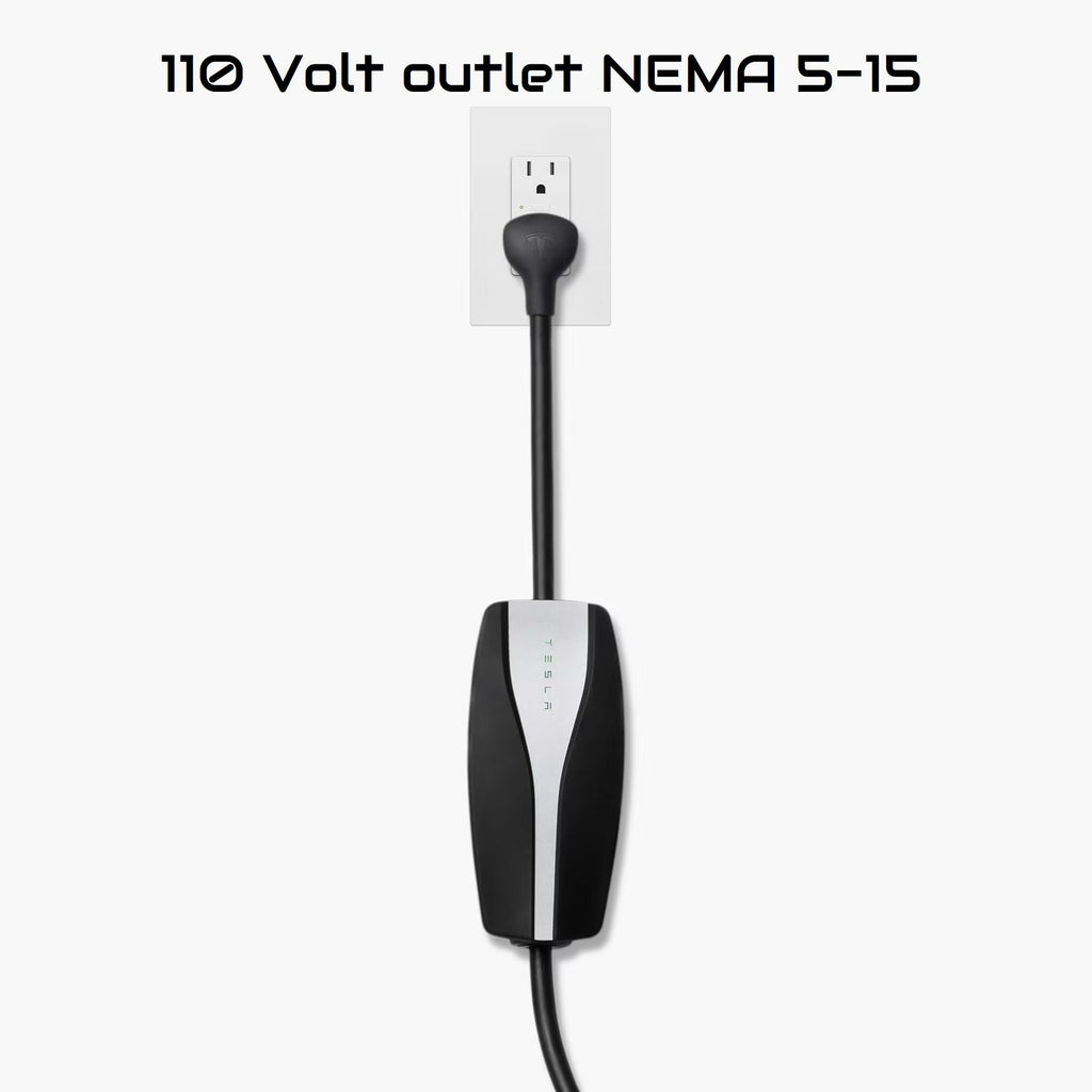 Tesla Gen 2 charger Universal Mobile Connector UMC charging with 220-Volt and 110-Volt adapters.